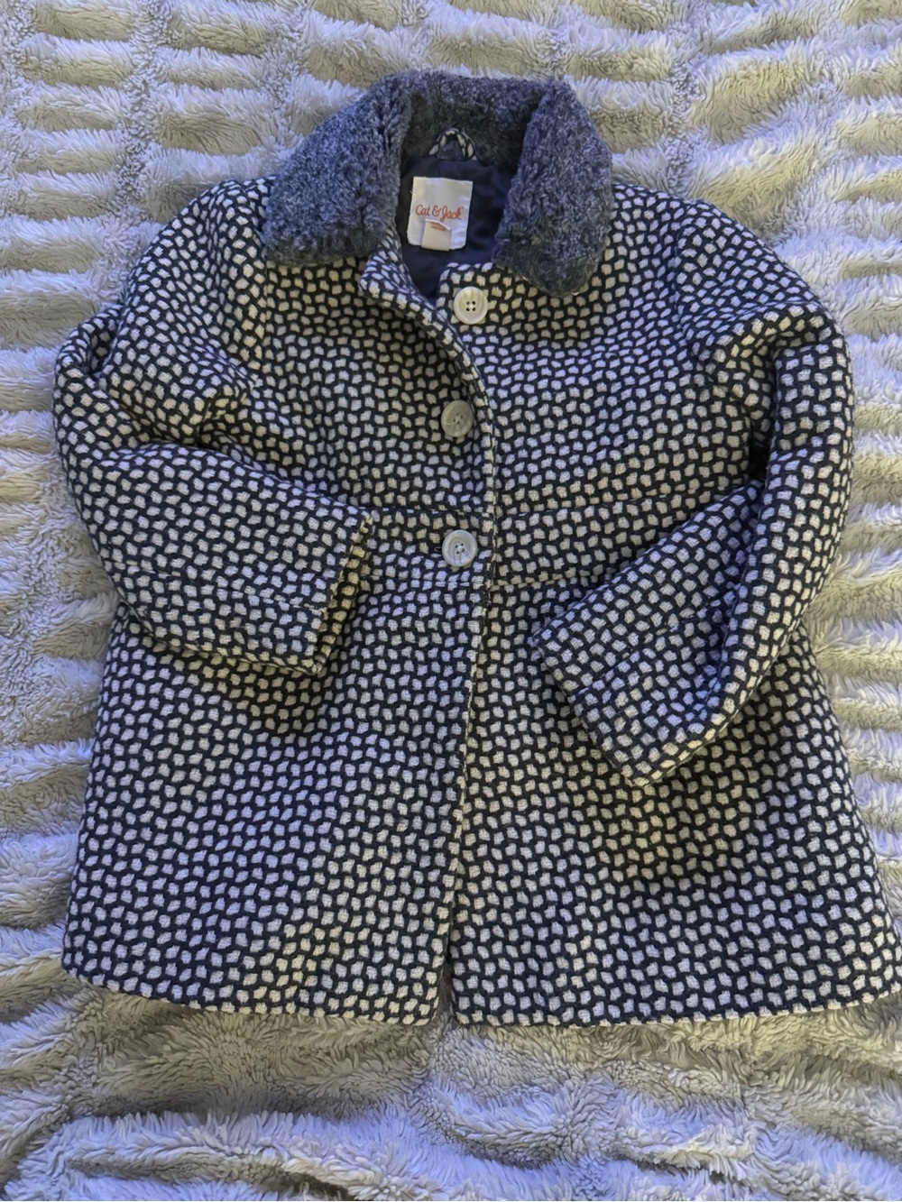 Cat & Jack Black and White Patterned Girls' Pea Coat with Dark Gray Collar